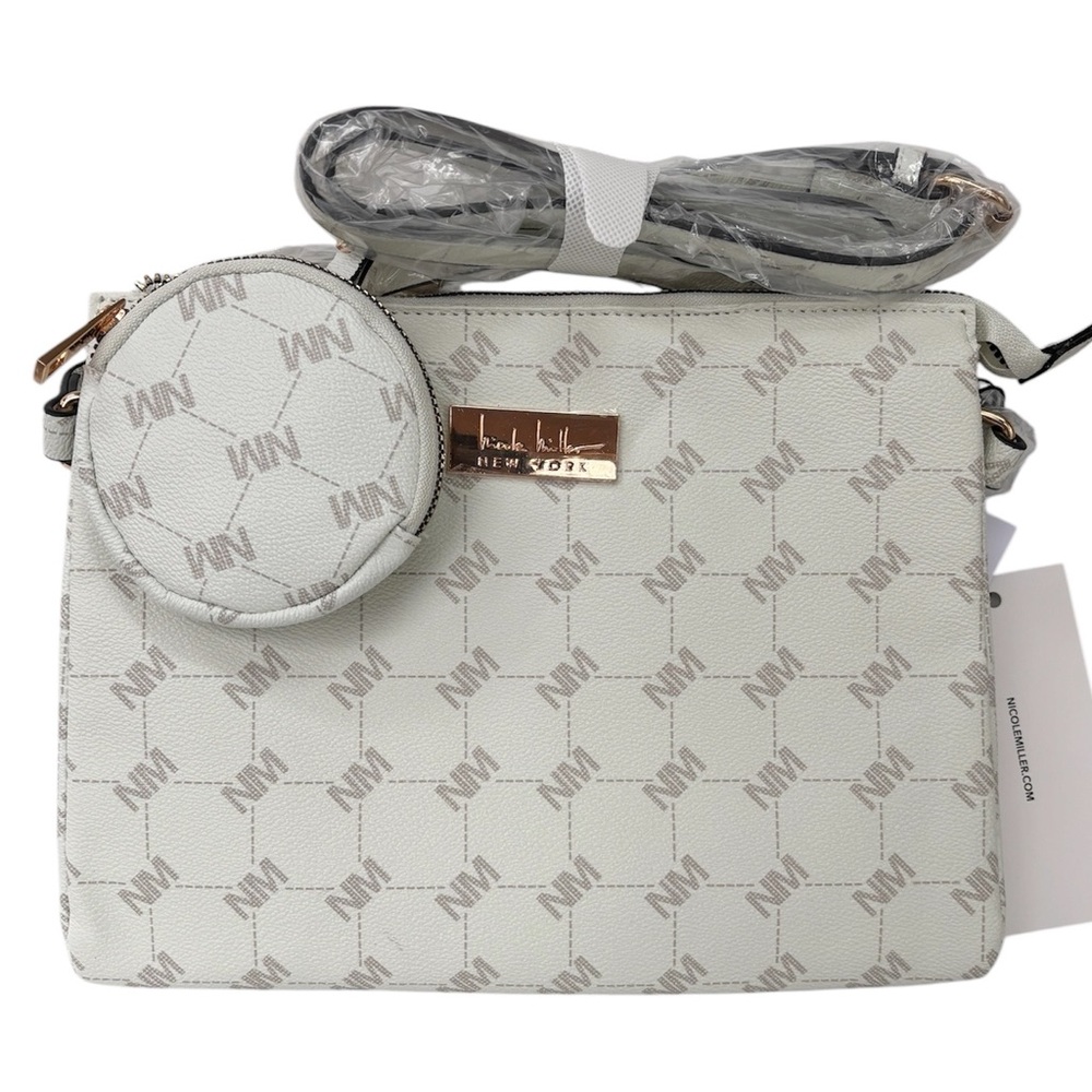 Nicole Miller NY Signature Logo Crossbody Bag with Pouch in Creme/Bone New